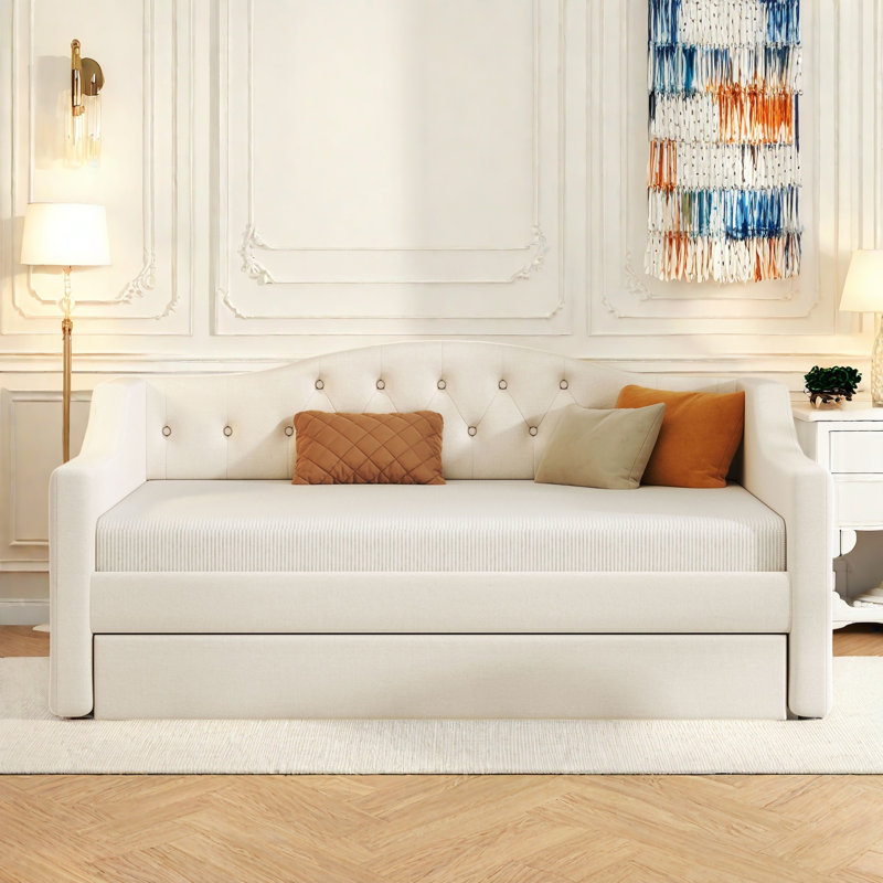Lit de jour moderne rembourré avec ceinture à DEL, couchette et capitonnage à boutons, Beige