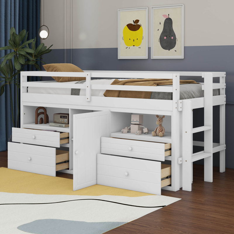 Leda Twin Size Loft Bed with 4 Drawers, Underneath Cabinet and Shelves, White