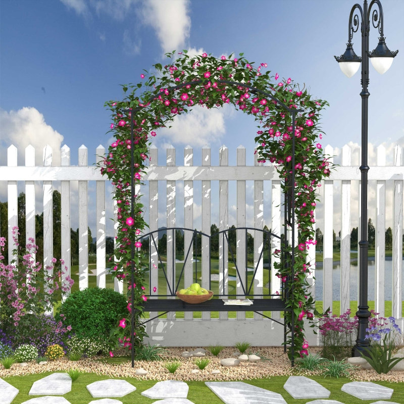 2 Seater Black Metal Garden Bench, Outdoor Patio Loveseat with Arch for Vines and Climbing Plants, Weather-Resistant Epoxy-Coated Metal Frame
