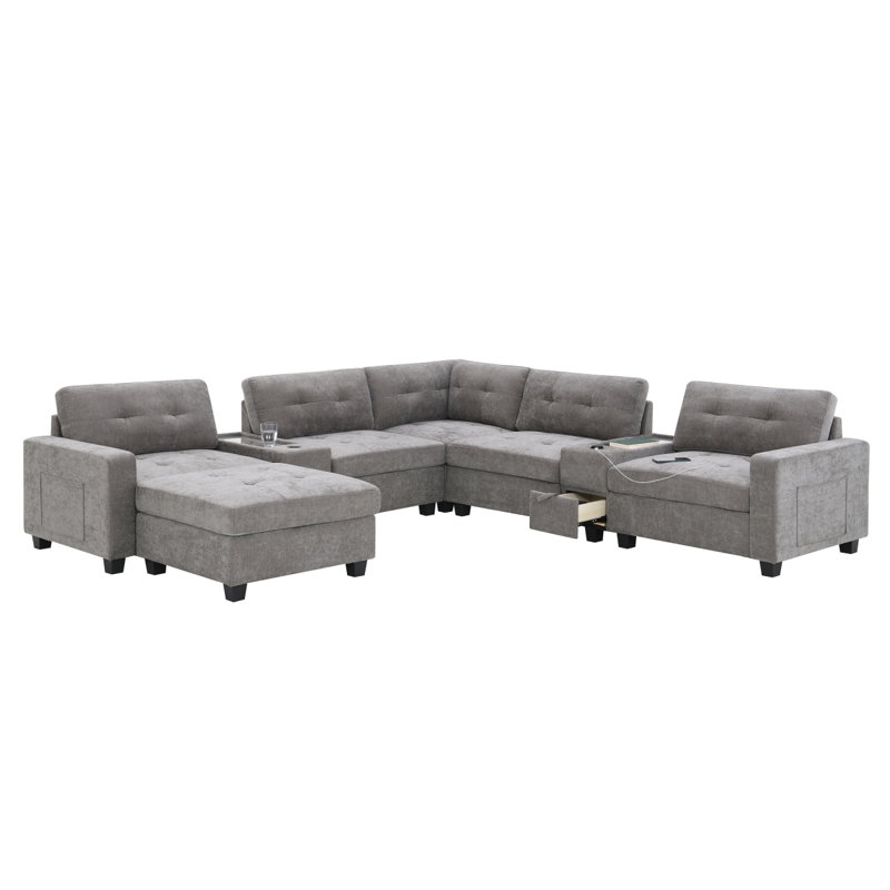 Chenille U Shaped Couch Set, Dark Gray Chenille