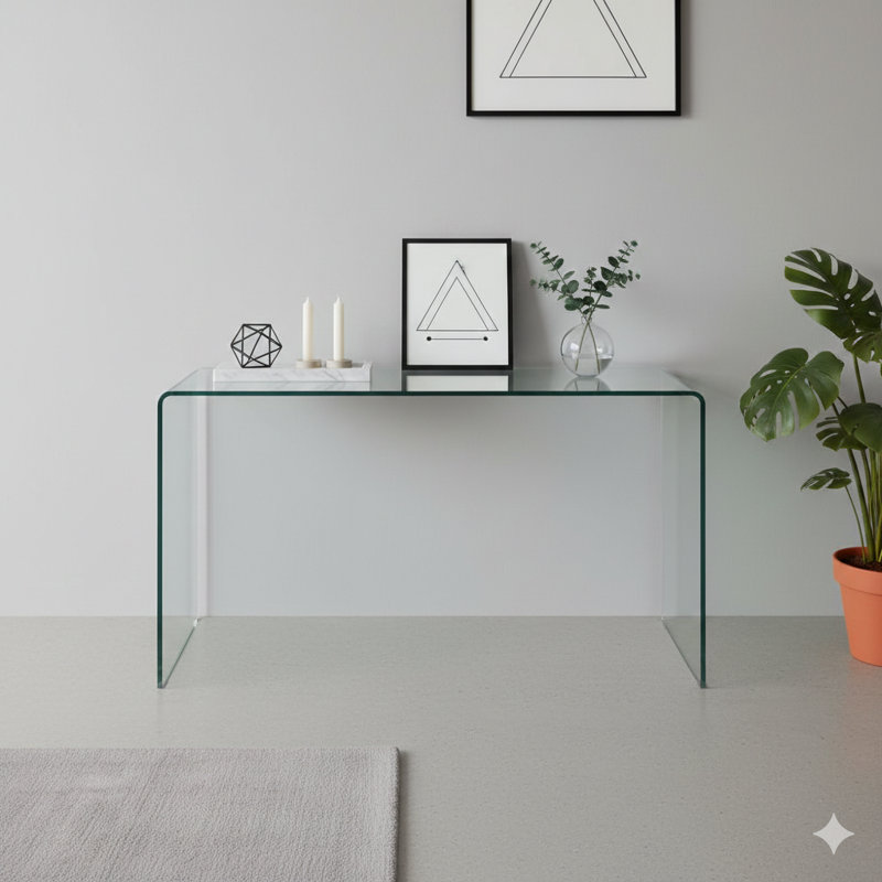 Glass Console Table, Clear Tempered Glass Console With Rounded Corner Desk, Sofa Table