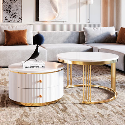 Table basse gigogne blanche 2 pièces à la mode avec tiroirs et pieds dorés électroplaqués