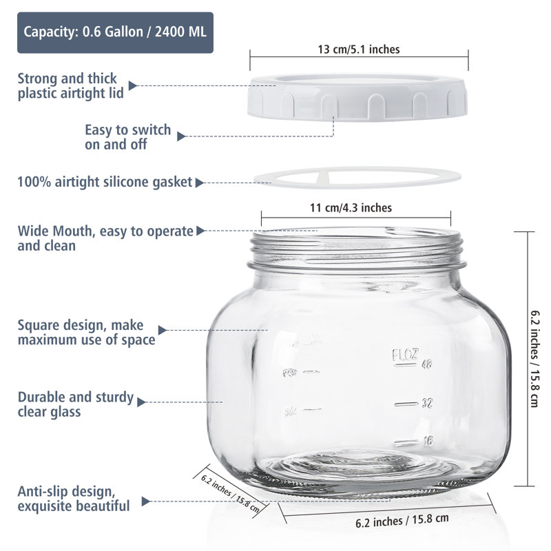 Pots de rangement carrés en verre avec couvercles hermétiques et pour fermenter le cornichon transparent 79 oz (ensemble de 2)