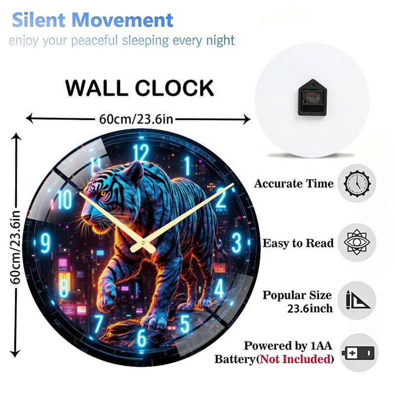 Neon Tiger Clock Art - 24‘’ Modern Glass Wall Clock
