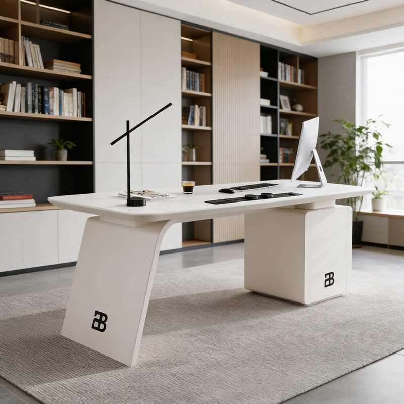 Italian Minimalist White Sintered Stone Office Desk, 29.53" H x 55.12" W x 27.56" D