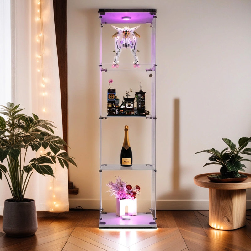 4 Shelves White Glass Cabinet - Secure And Stylish Display For Your Treasures Lighted 4-Shelf Display, Artwork Exhibits
