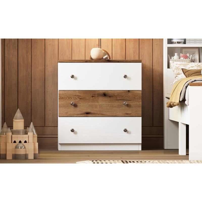 3 tables d'appoint en bois avec motif et poignée en métal - fabrication d'armoire de rangement pour chambre à coucher blanche brune élégante table de chevet décorative tactile blanc / brun