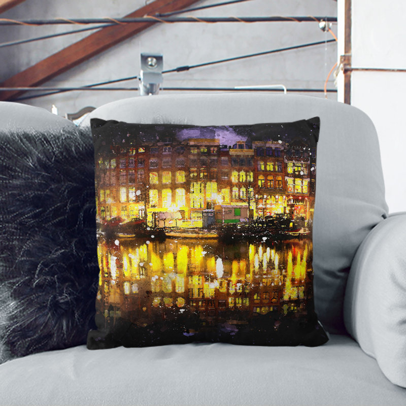 Amsterdam at Night Paint Splash Cushion with Filling, 40cm H x 40cm W x 15cm D