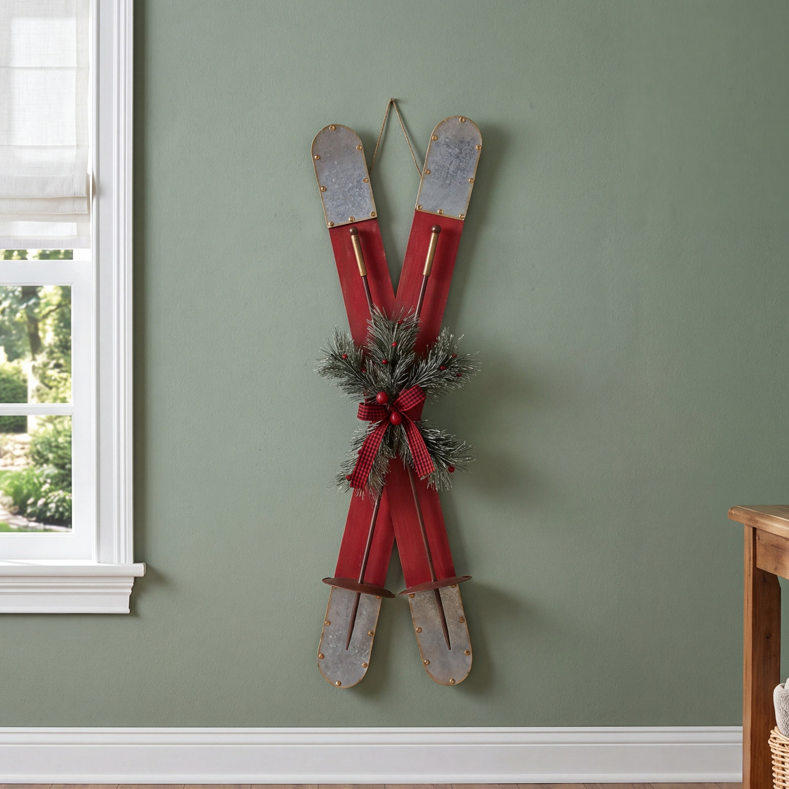 Wood and Galvanized Ski Holiday Accent, Red