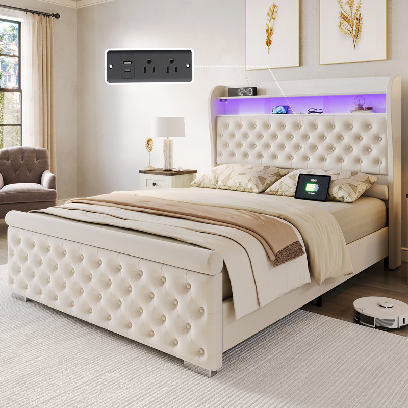 Bed Frame with Storage and LED Lights Charging Station, Velvet Upholstered Sleigh Bed with Wingback Bookcase Headboard, No Box Spring Needed, Easy Assemble, Cream