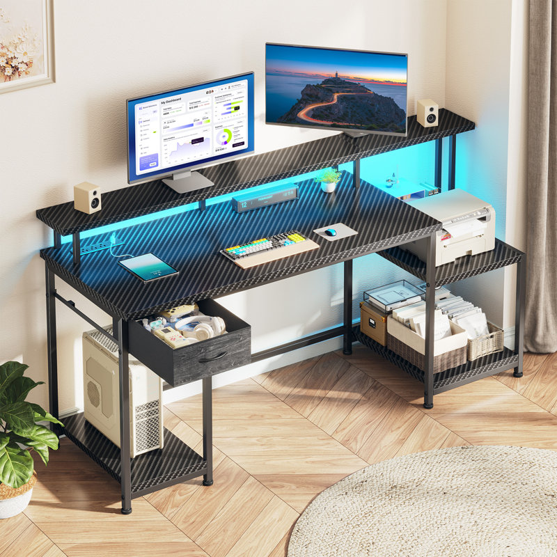 55"W Home Office Computer Desk With Drawers & Printer Shelf,Gaming Desk With Monitor Stand & LED Lights,Writing Desk With Power Outlets