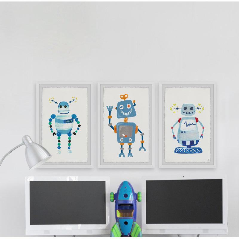 «Happy Robot», ensemble de 3 pièces encadrées Noemi, H 45 po x l 30 po x P 1,5 po