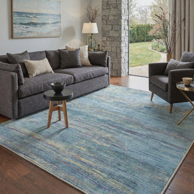 Lucchesi Striation Abstract Machine Washable Grey / Blue Indoor Area Rug with Non-Slip Backing, Rectangle 8' x 10'
