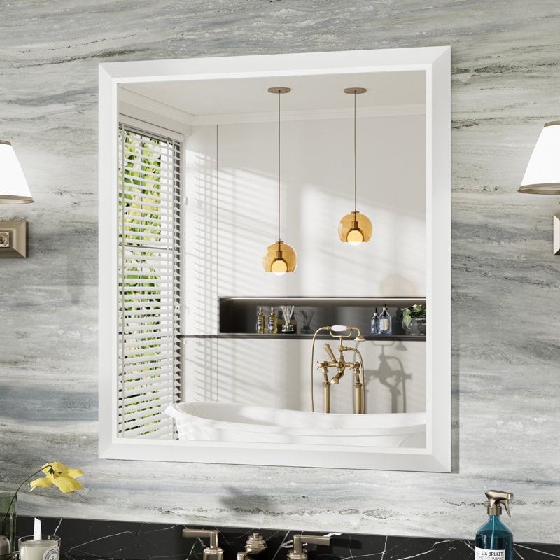 Miroirs de salle de bain modernes et contemporains en métal biseauté rectangulaire / carré avec verre trempé HD, Blanc