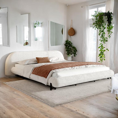 White Boucle Bed Frame – Curved Thick Headboard, Noiseless Support, Plywood & Metal Base – Modern Master Bed(by Christopher Knight Home)