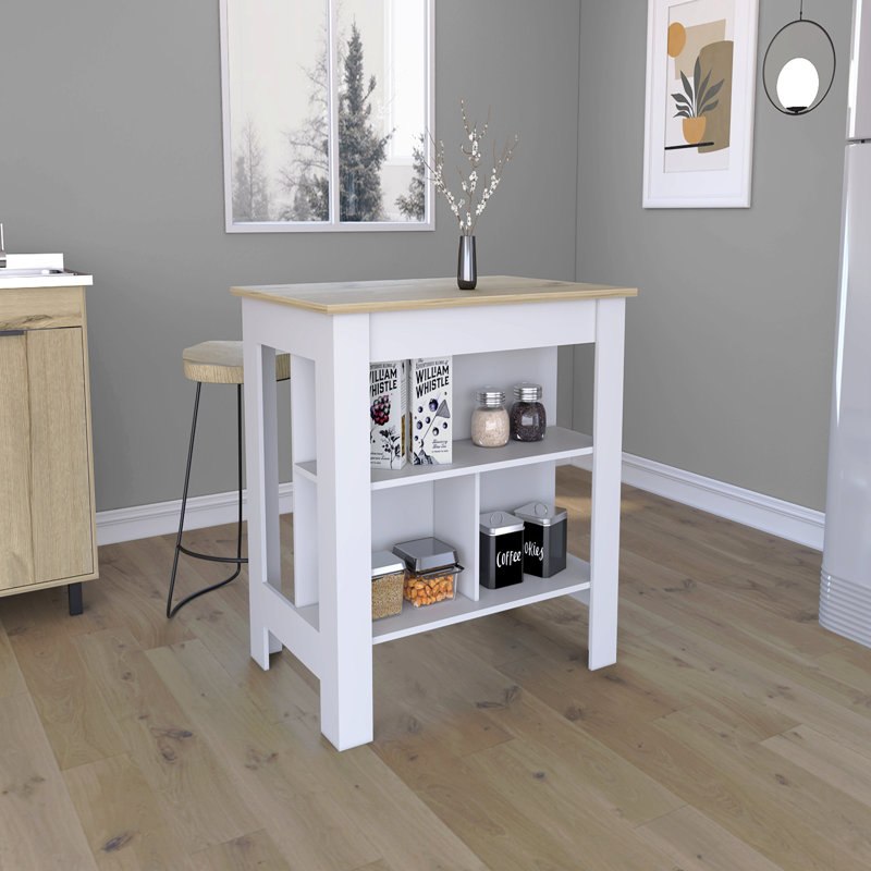 Kitchen Island, Kitchen Table 35" H, Three Open Storage Shelves, Four Legs, White/Oak