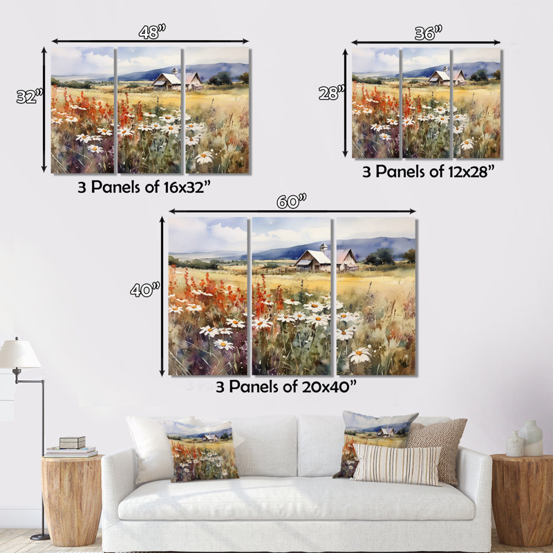 «Green Green Meadow At The Farm I», reproduction sur toile 3 pièces, H 32 po x l 48 po x P 1 po