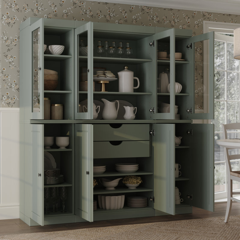 Armoire de cuisine haute 100% en bois massif avec portes en verre et 2 tiroirs, tablettes réglables, armoire de rangement modulaire de cuisine Pulcova, l 65 po x H 71,5 po
