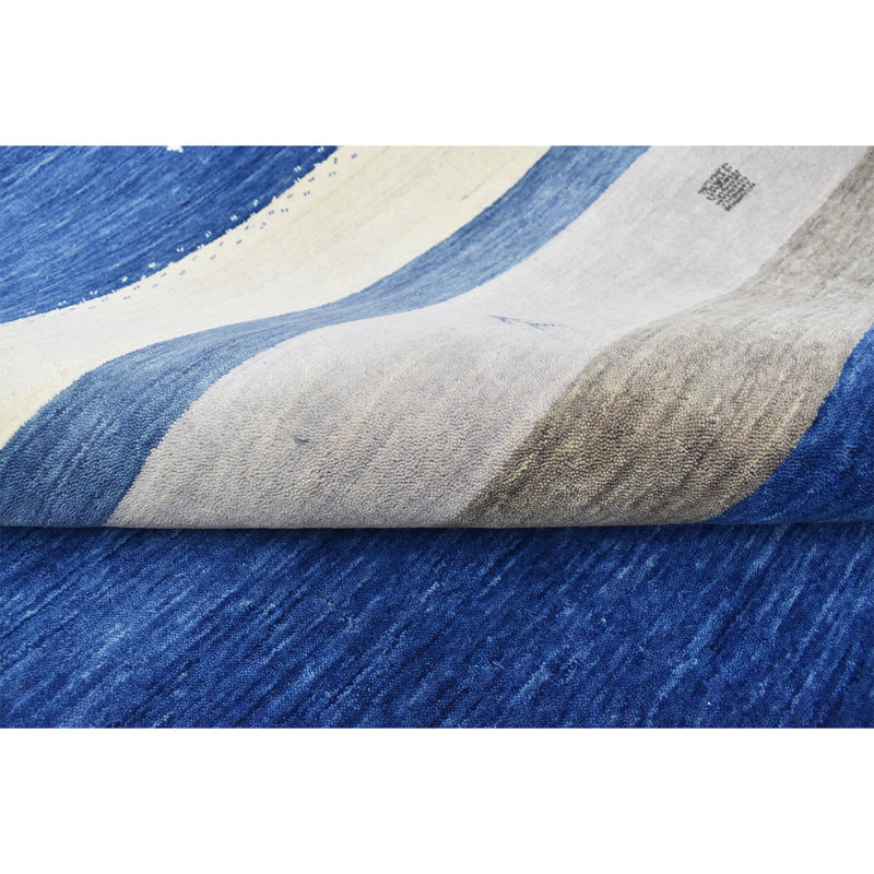 Tapis rectangulaire en laine noué à la main en bleu / beige / blanc, Rectangle 6 pi x 9 po