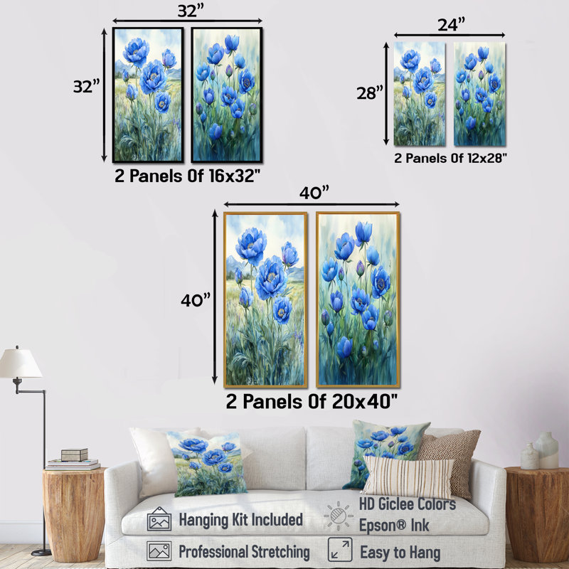 Pivoines bleues océaniques dans le champ I - art mural floral, collection 2 panneaux, H 40 po x l 41 po, Toile tendue