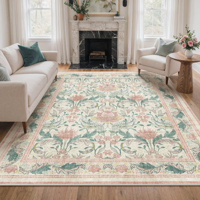 Tapis floral rose / beige antidérapant lavable à la machine Bloom