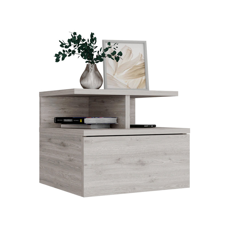 Macadamia 2-Tier Floating Nightstand With Shelf – Stylish And Functional Bedside Table, Light Gray