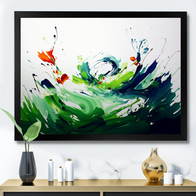 «Green and White Abstract Ink Expression I», art mural abstrait, Cadre d'angle fermé noir, H 34 po x l 44 po x P 1,5 po