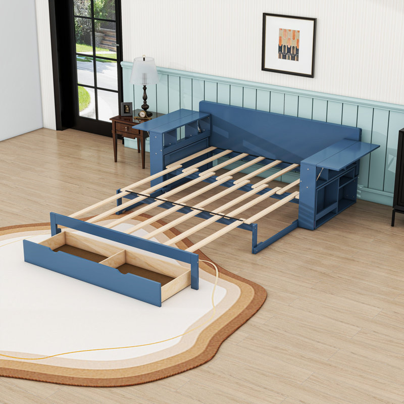 Daybed with Desk, Drawers and Side Table, Blue, Full/Double