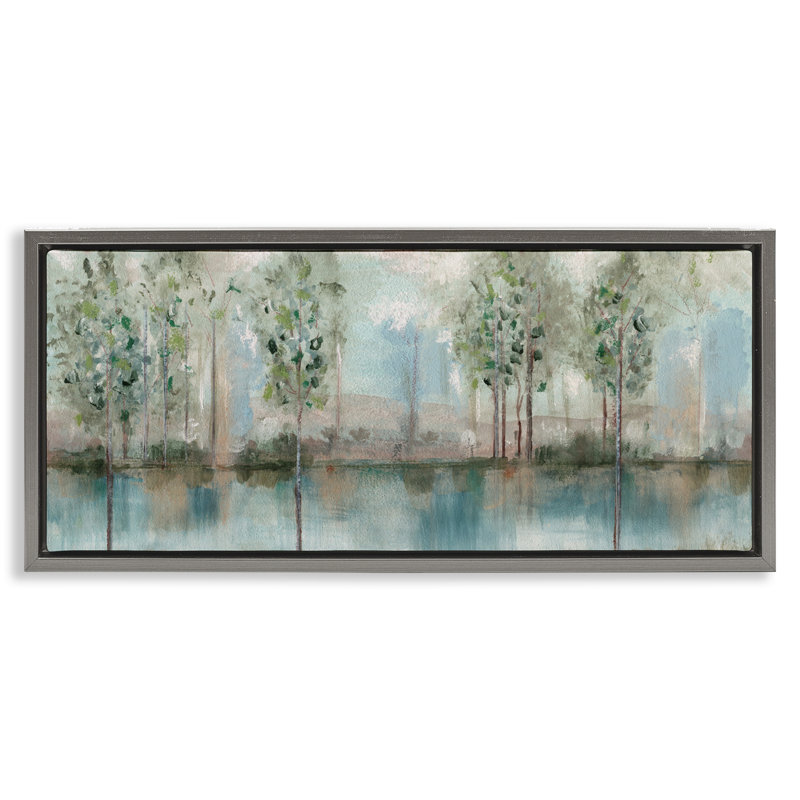 Arbres reflétant la rivière, Cadre flottant gris lustré, H 14 po x l 31 po