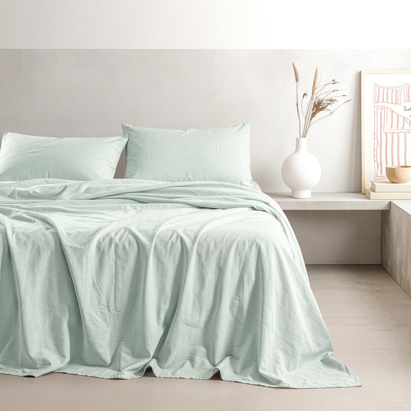 Ensemble de draps en percale 100% coton lavé - comprend 1 drap plat, 1 drap-housse et 2 taies d'oreiller, Sage Green