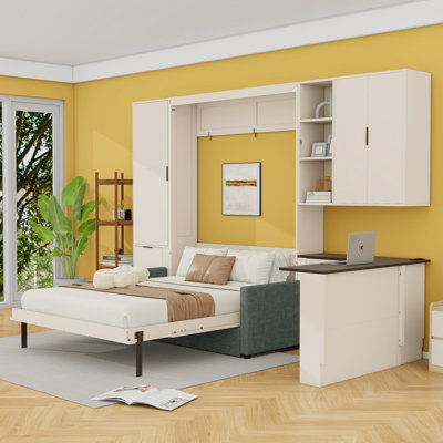 Queen Murphy Bed with Sofa, Storage Shelves and Office Setup