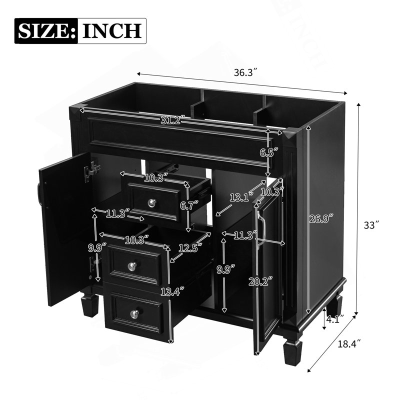 Meuble-lavabo de 91 cm (36 po) sans lavabo, meuble seulement, meuble de rangement moderne pour salle de bain avec 2 portes à fermeture douce