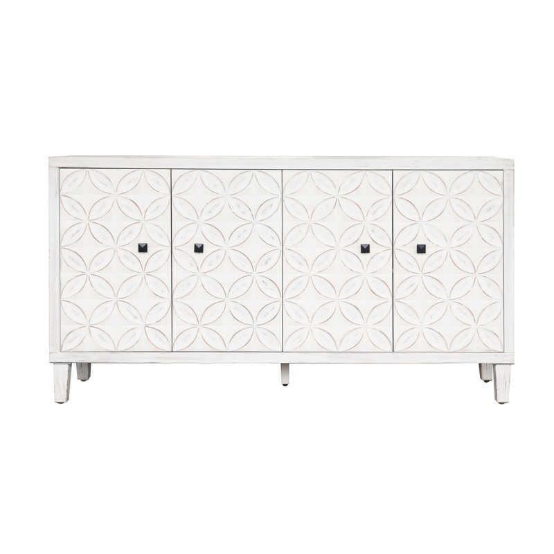 Buffet d'appoint 4 portes en bois avec rangement Buffet en blanc délavé. Pour le salon, l'entrée, le couloir, le bureau, la cuisine et la salle à manger. Tablettes réglables. Fabrication robuste. Assemblage facile