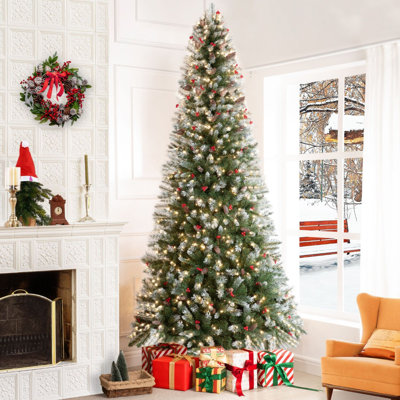 Arbre de Noël artificiel givré avec pommes de pin, baies rouges et support en métal - Épinette décorative réaliste de 33 po de largeur Disponible en formats de 4,5 pi, 7,5 pi et 9 pi pour une décoration festive avec 200 lumières chaudes et pédale