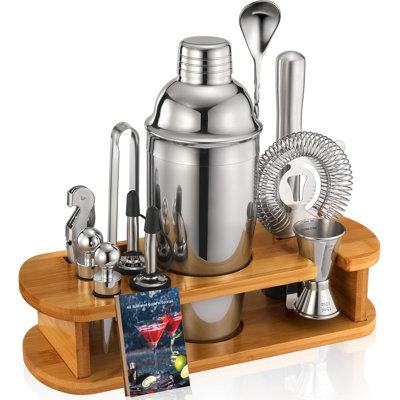14-Piece Stainless Steel Cocktail Shaker Set with Bamboo Stand – Professional Bartender Kit