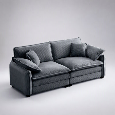 Warm and Cozy Living Room Sofa with 4 Pillows, Upholstered Large Deep Seat 2 Seater, Grey Corduroy Fabric