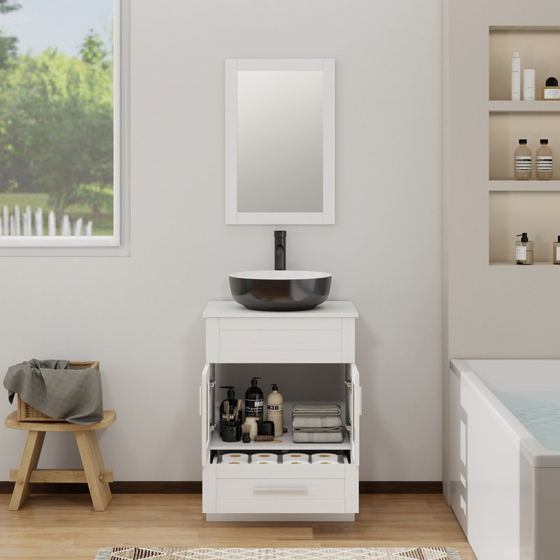 Ensemble de meuble-lavabo simple 24 po avec miroir Andoro, Blanc, Noir / blanc