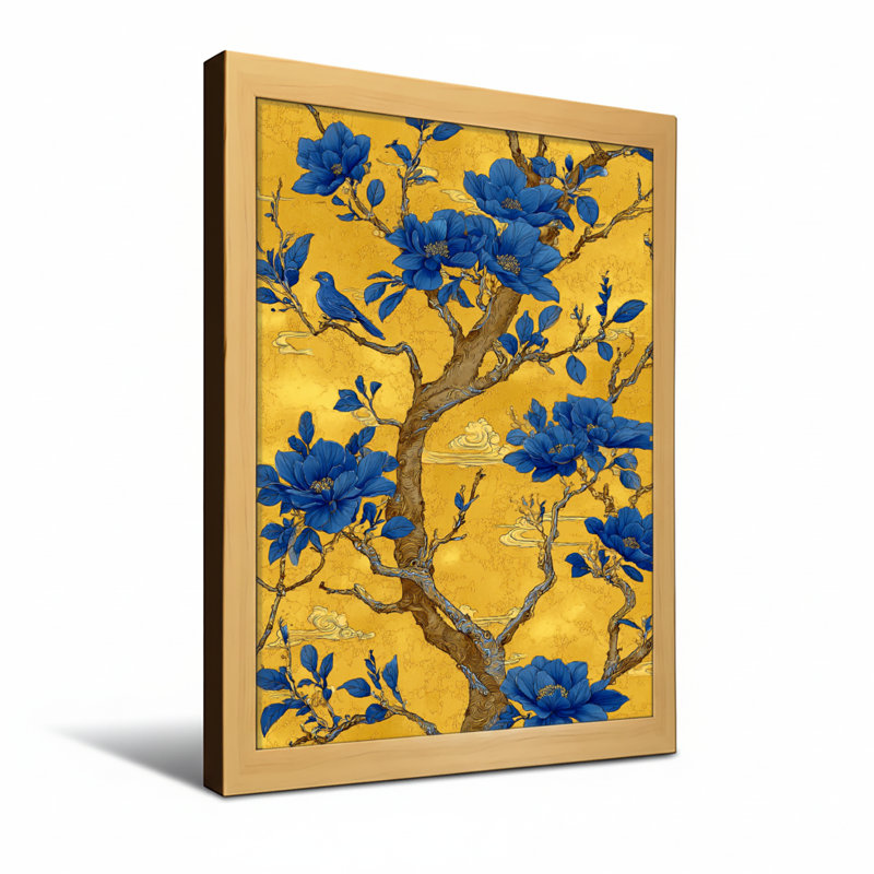 Plantes et fleurs Fleurs bleues sur fond doré avec des branches d'arbres, H 30 po x l 20 po, Toile tendue, Ne s’applique pas