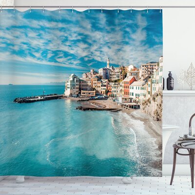 Panorama of Old Italian Fish Village Beach Old Province Coastal Charm Image Single Shower Curtain -  Ambesonne, sc_19660_extralong