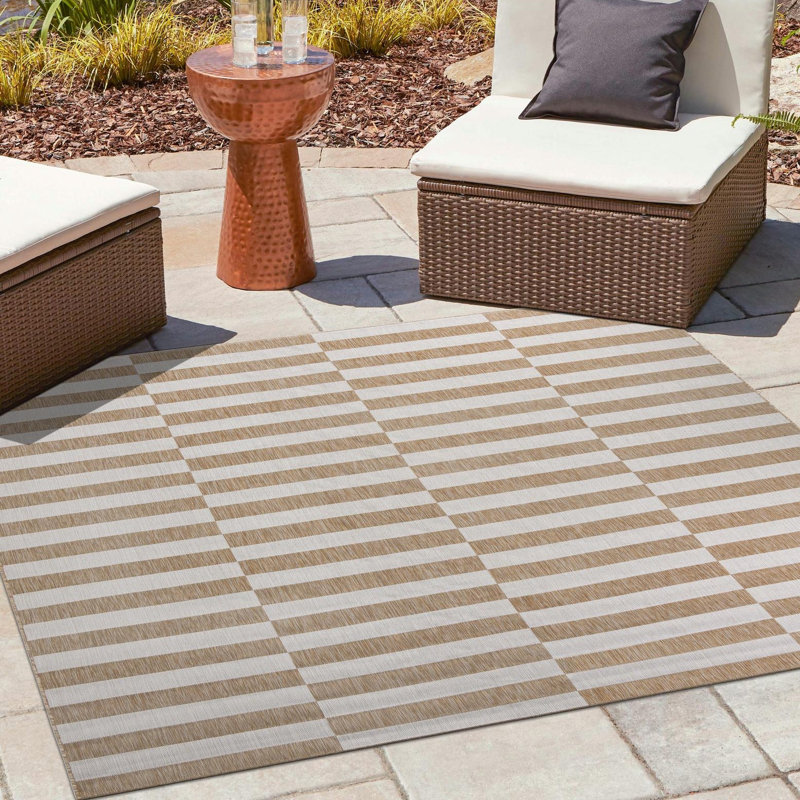Robinson Striped Indoor / Outdoor Area Rug in Taupe/Ivory, Square 7'10"