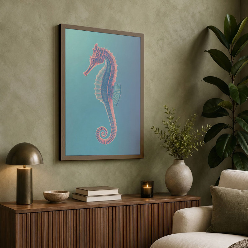 Seahorse Elegance Coastal - Wrapped Canvas, 18x12 - 45.7 x 30.5 cm, Ochre Border