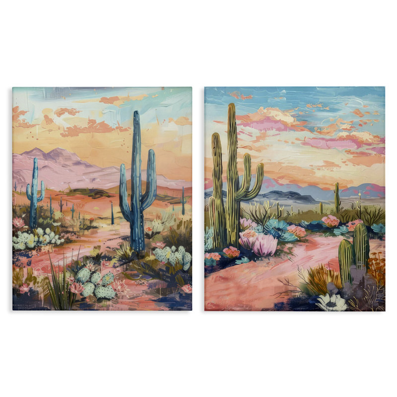 «Cactus Paths & Sunset», ensemble de 2 toiles murales par LSR Design Studio, H 30 po x l 24 po