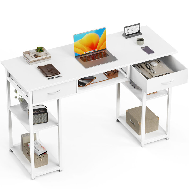 Bureau d'ordinateur Bureau d'ordinateur de chambre à coucher de 48 pouces avec tablettes en tissu, Blanc