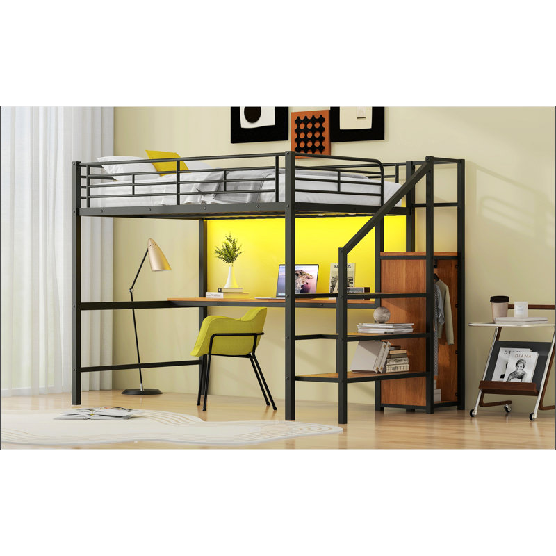 Lit mezzanine double en métal avec bureau, Noir