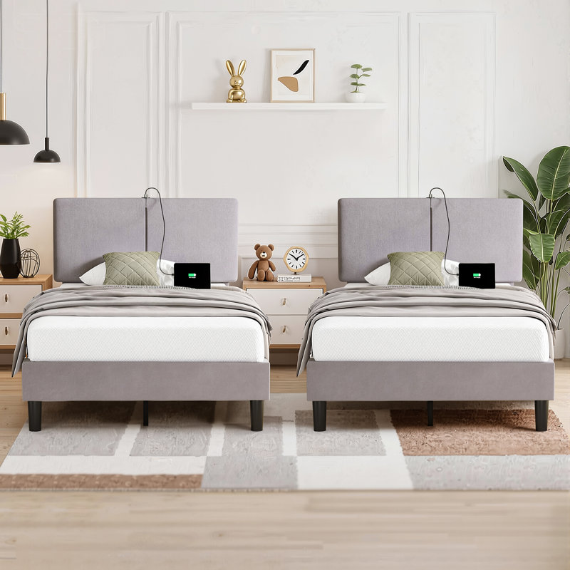  Set Of 2 Twin Size Beds Frame With Charging Stations Upholstered Headboard 2 USB Ports Wood Slats Support Platform Bed No Box Spring Required, Gray