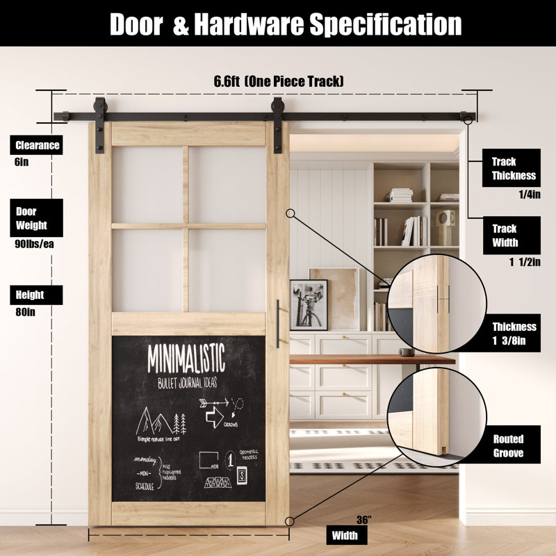 Homacer 36in x 80in Half Lite Chalkboard Design Unassembled & Unfinished Barn Door with Hardware Kit, interior use only