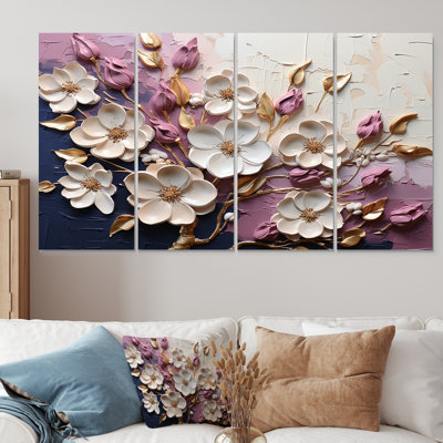Blanc et mauve coquelicots - ensemble d'art mural floral abstrait 4 pièces