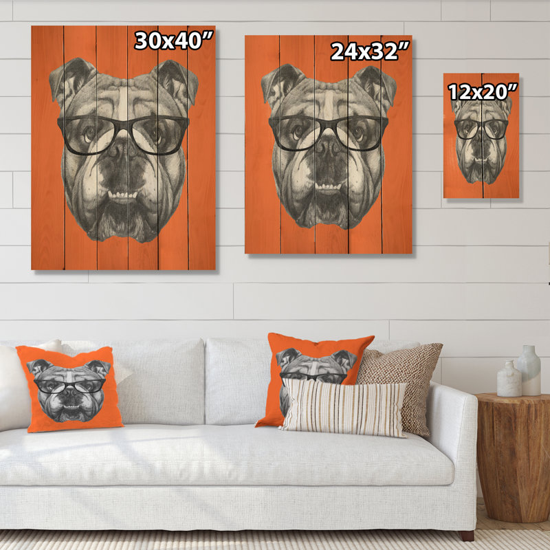 Bouledogue anglais avec lunettes Bouledogue anglais avec lunettes - impression sur, H 20 po x l 12 po x P 1 po
