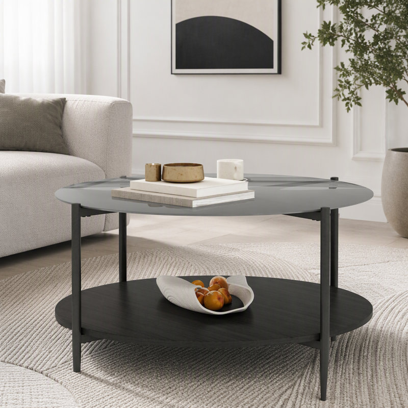 Table basse ronde moderne avec dessus en verre trempé noir et tablette en noyer, Noir