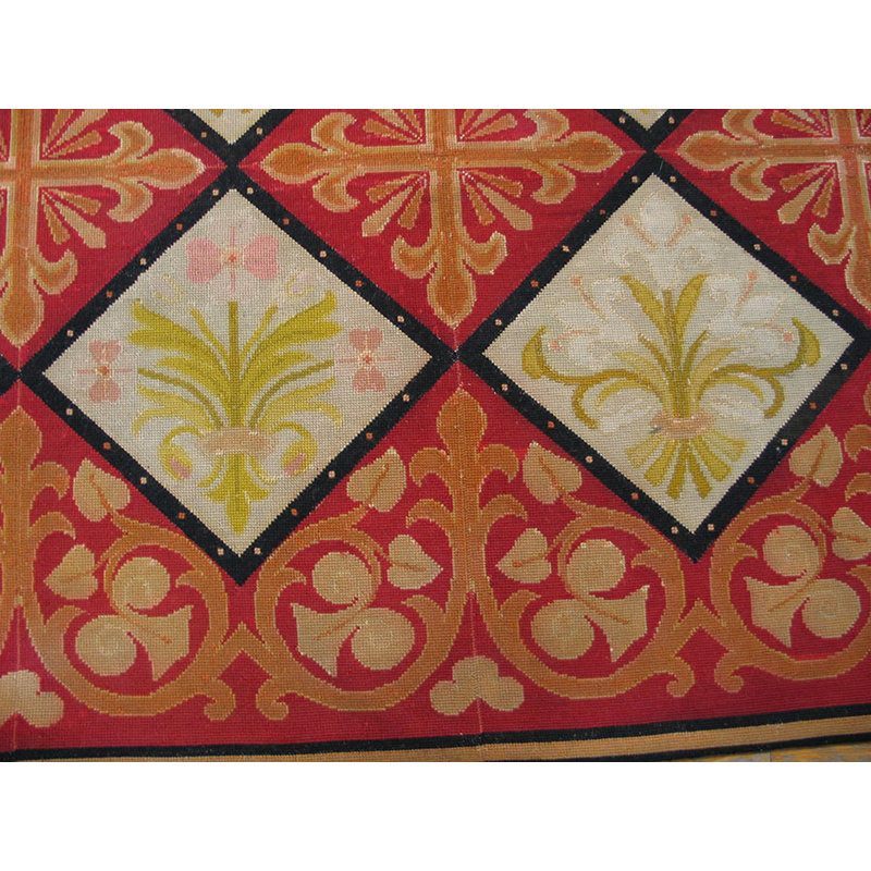 Rustic Red Antique Flatwoven Geometric French Fleur De Lis Design Needlepoint Carpet